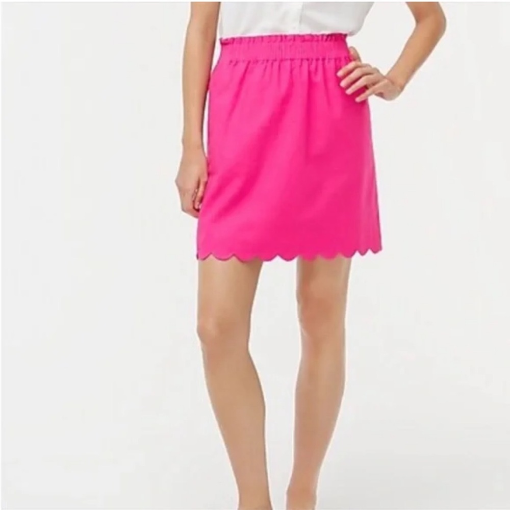J Crew Pink Scalloped Hem Linen Mini Skirt, Elastic Waist, Side Pockets, Size 2